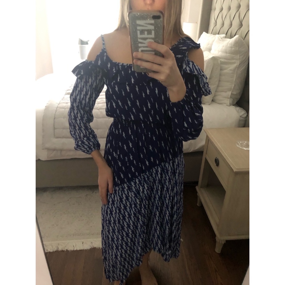Sandro Lightening Bolt Bare Shoulder Crepe Dress
